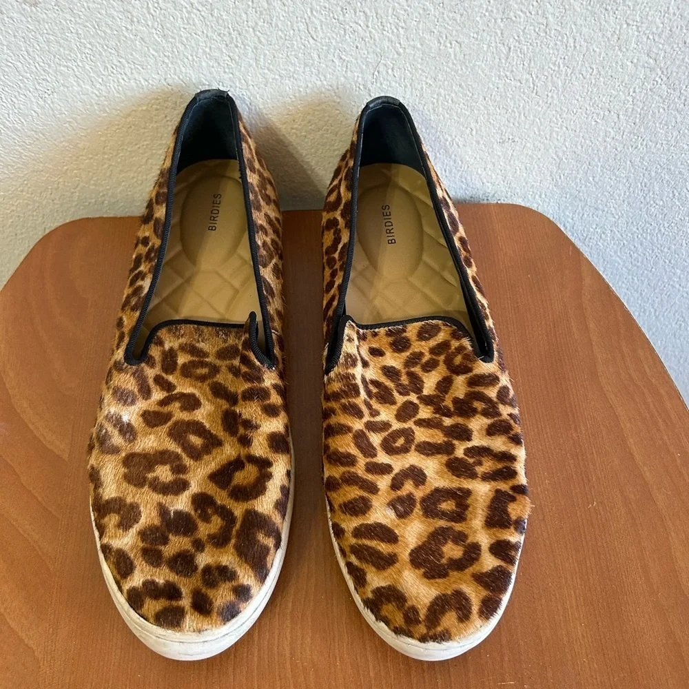 Birdies The Swift Leopard Calf Hair Slip On Loafer Sneakers Women's Size 8 Brown